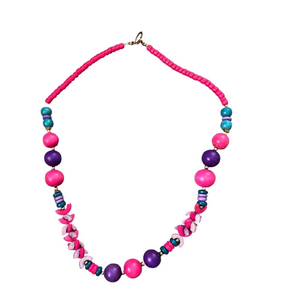 Vintage Colorful Pink Purple Teal Beaded Textured Necklace